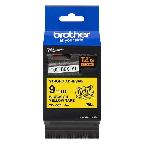 Brother TZe-S621 Strong Adhesive Label Tape 9mm Black on Yellow