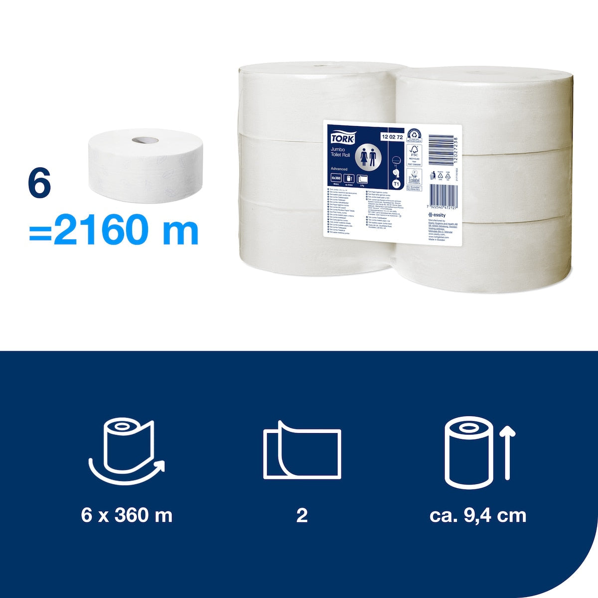 Tork Recycled Jumbo Toilet Roll 2 Ply Advanced T1 White Carton of 6 Rolls