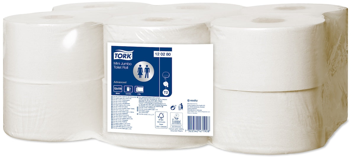 Tork Recycled Mini Jumbo Toilet Roll 2 Ply Advanced T2 White Carton of 12