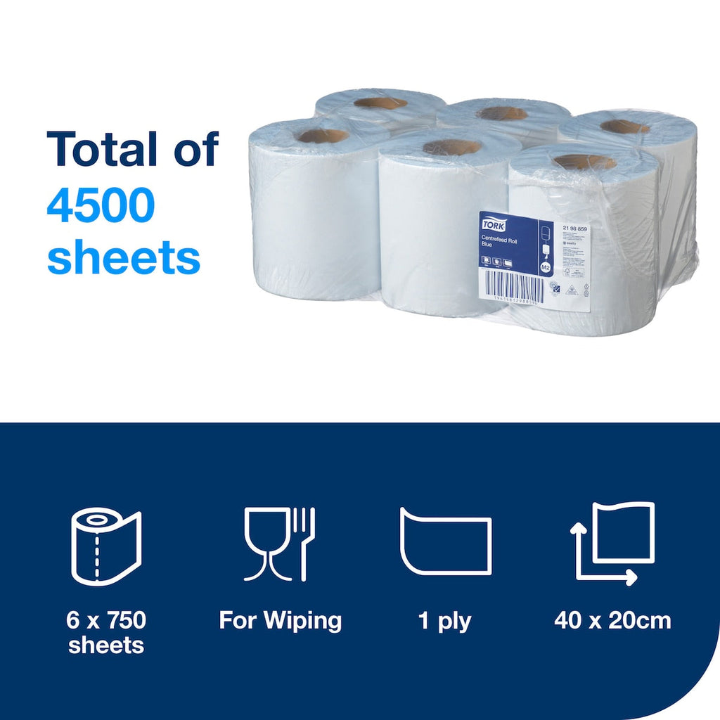 Tork Basic Paper Centrefeed Roll 1 Ply Perforated M2 Blue Carton of 6 Rolls