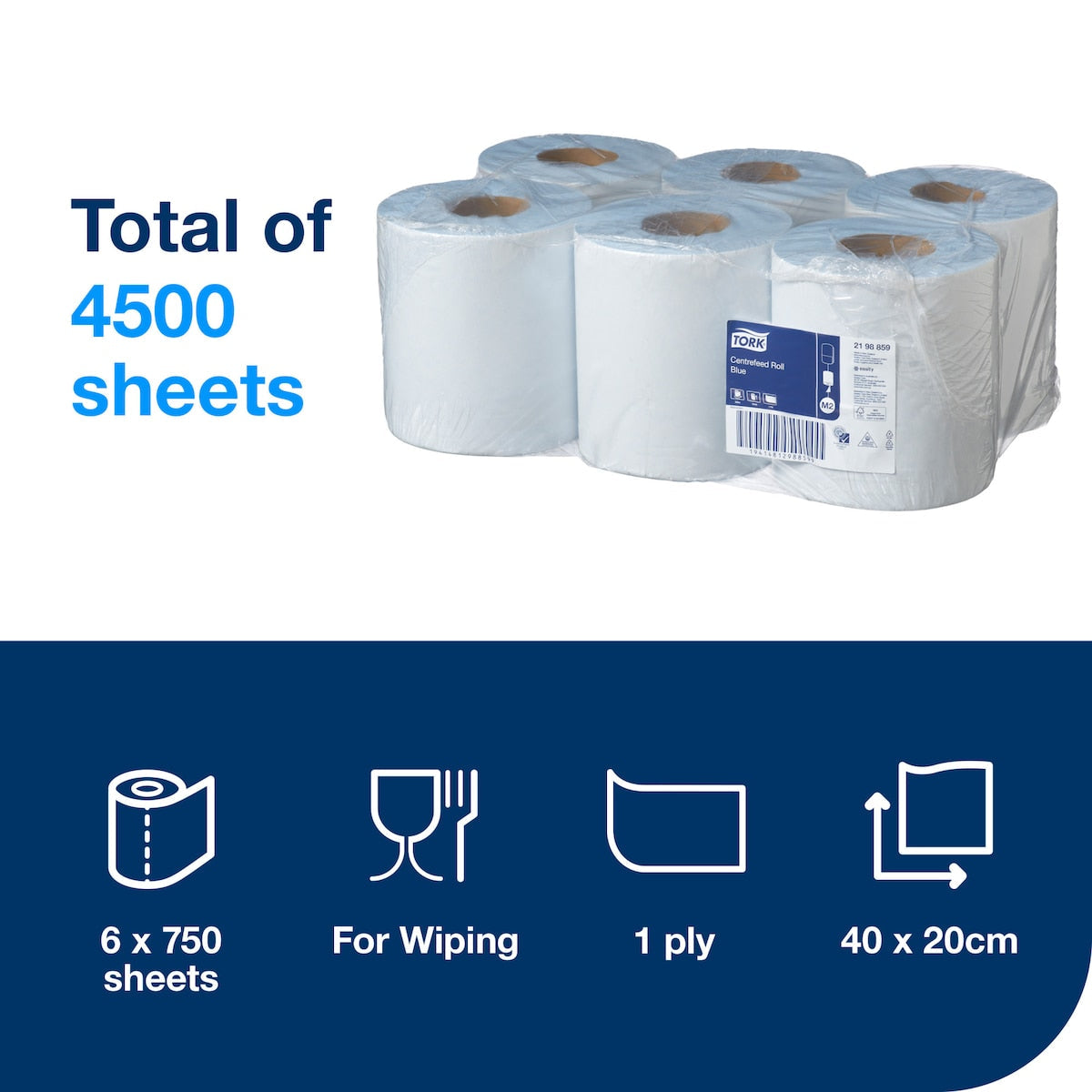 Tork Basic Paper Centrefeed Roll 1 Ply Perforated M2 Blue Carton of 6 Rolls