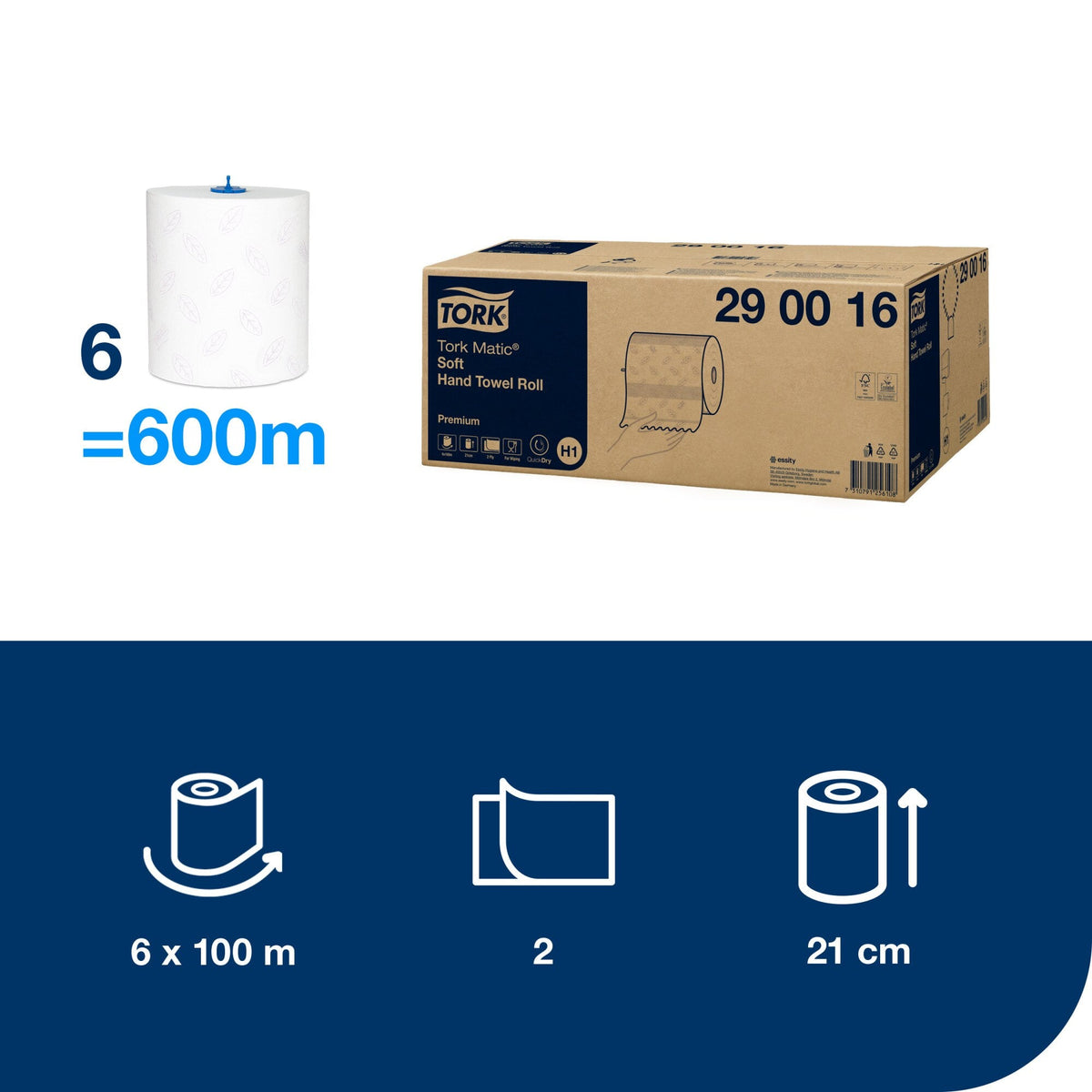 Tork Matic Extra Soft Hand Towel Roll 2 Ply Premium H1 White Carton of 6 Rolls