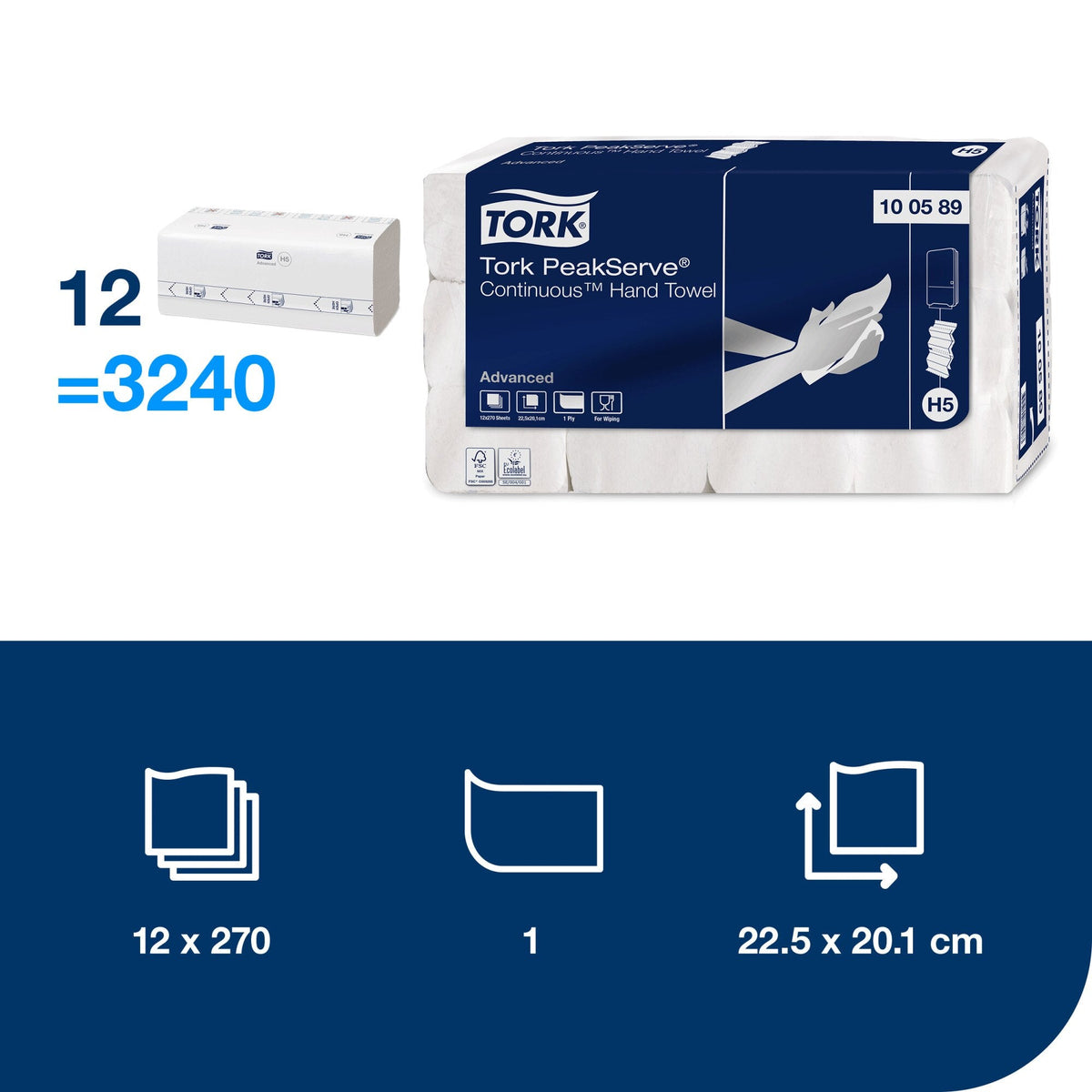 Tork PeakServe Continuous Hand Towel 1 Ply Advanced H5 White Carton of 12 x 270 Sheets