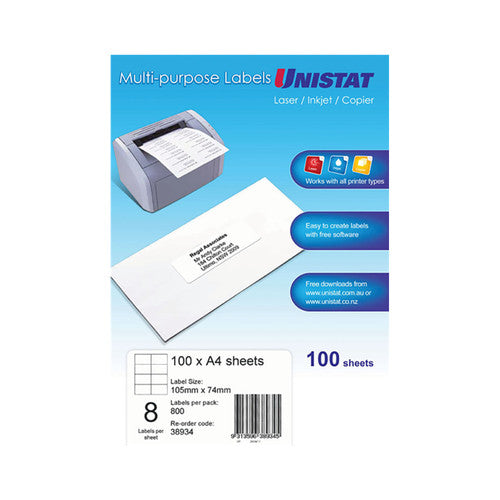Unistat 38934 Multipurpose Labels 105 x 74mm 8UP 100 Sheets 800 Labels