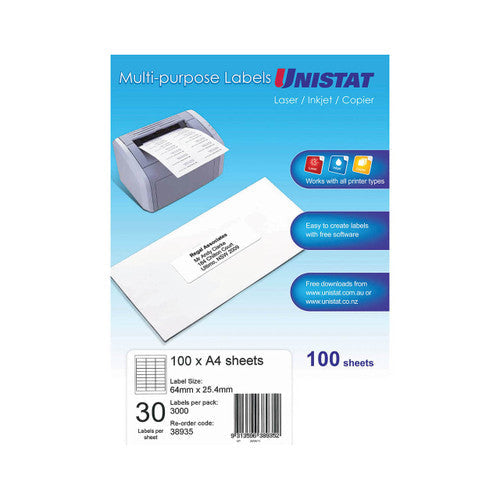 Unistat 38935 Multipurpose Labels 64 x 25.4mm 30UP 100 Sheets 3000 Labels