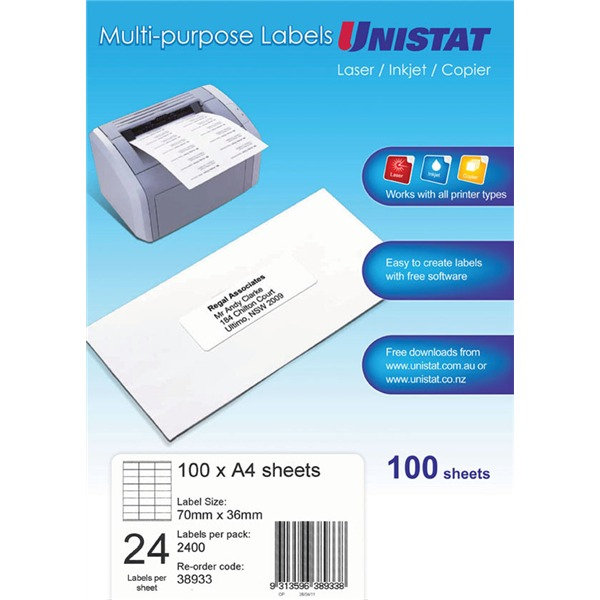 Unistat 38933 Multipurpose Labels 70 x 36mm 24UP 100 Sheets 2400 Labels