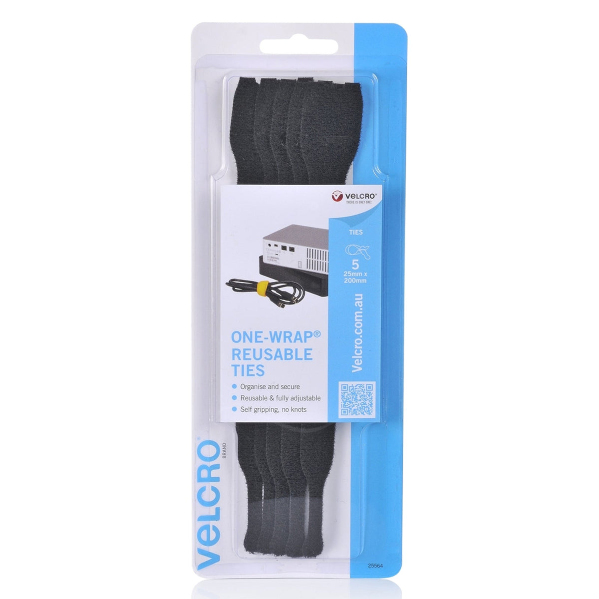 Velcro Brand One-Wrap Reusable Ties 25 x 200mm Black Pack of 5