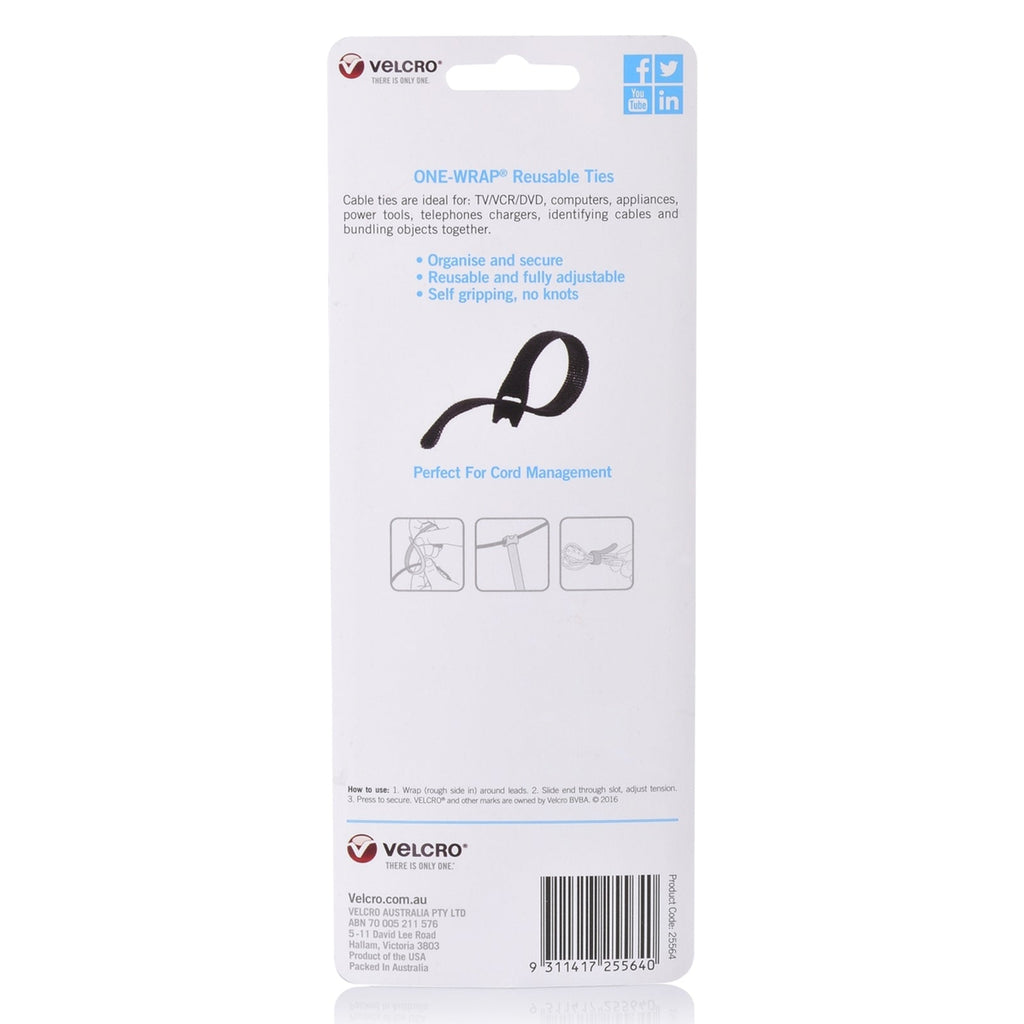 Velcro Brand One-Wrap Reusable Ties 25 x 200mm Black Pack of 5