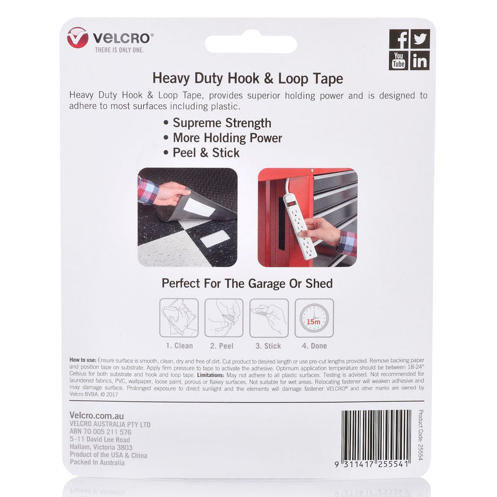 Velcro Brand Heavy Duty Hook and Loop Tape 50 x 100mm Black Pack of 2