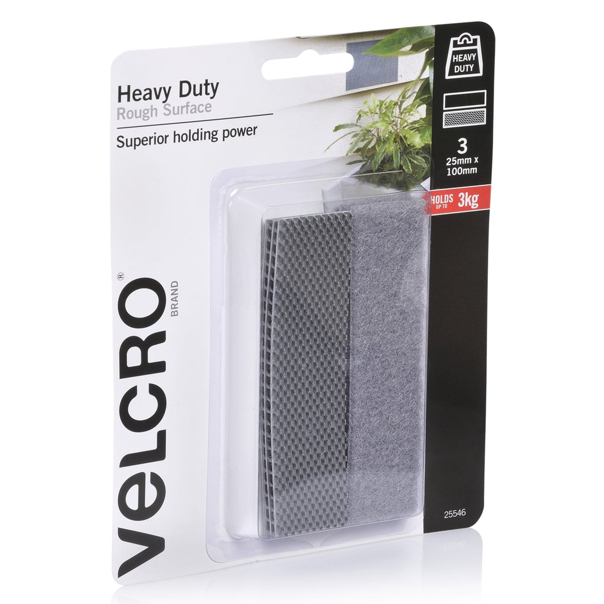 Velcro Brand Heavy Duty Rough Surface Stick Tape 25 x 100mm Grey Pack of 3