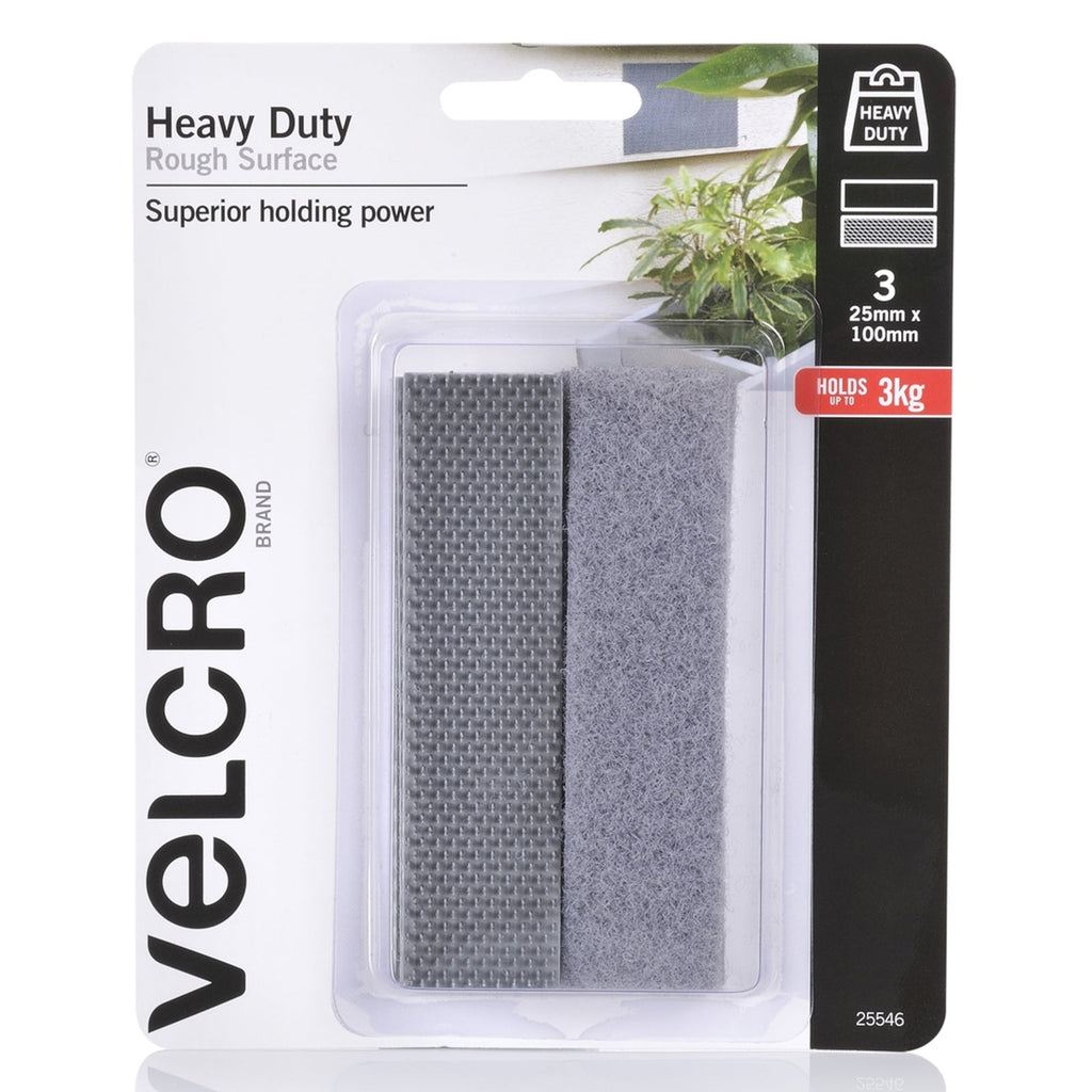 Velcro Brand Heavy Duty Rough Surface Stick Tape 25 x 100mm Grey Pack of 3