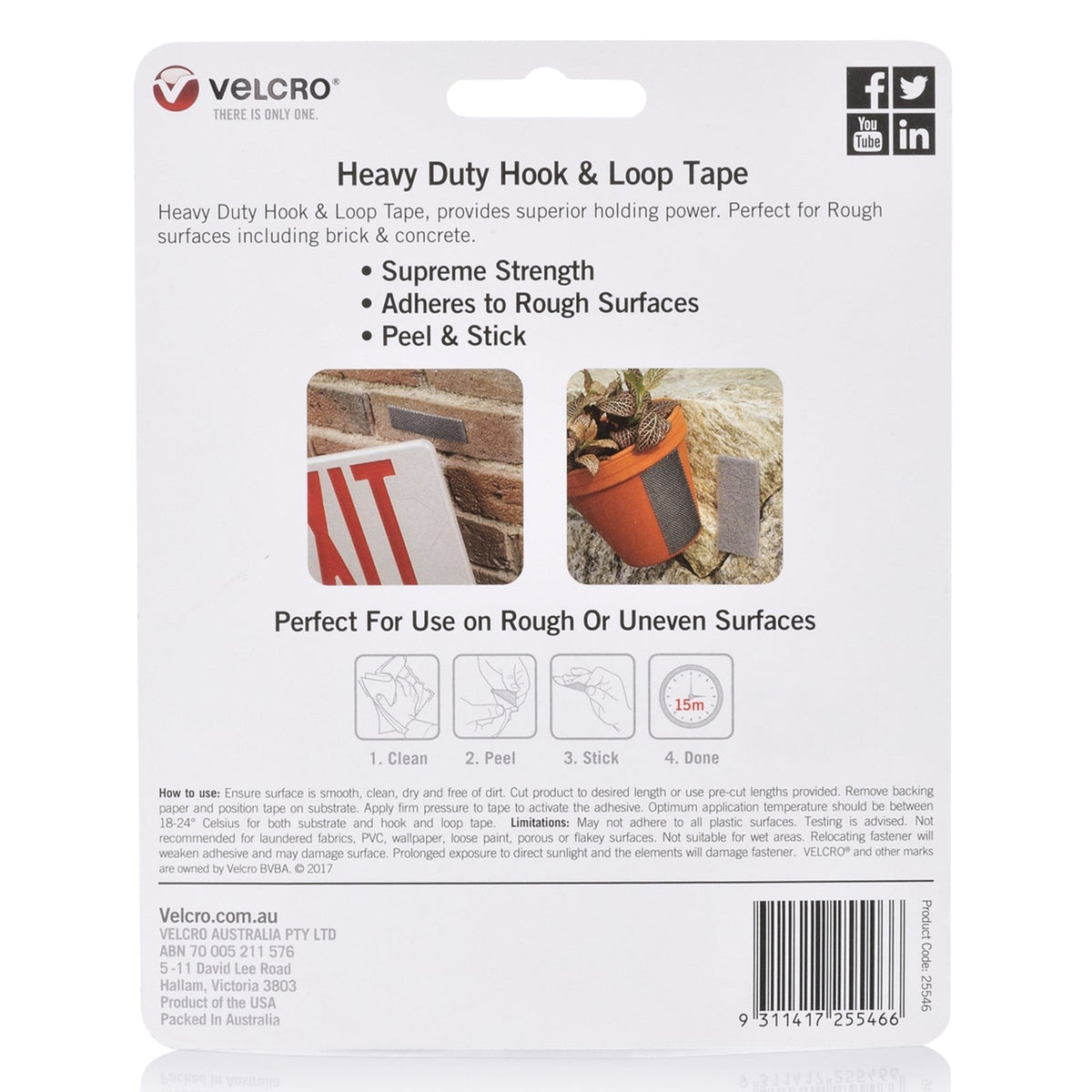 Velcro Brand Heavy Duty Rough Surface Stick Tape 25 x 100mm Grey Pack of 3