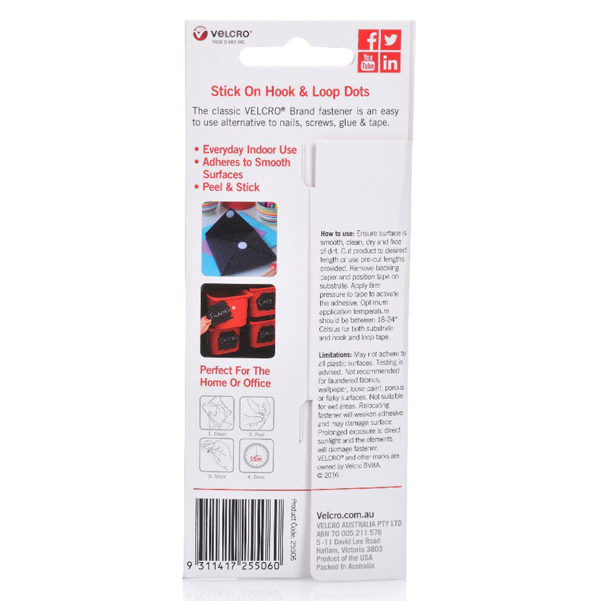 Velcro Brand Stick On Hook and Loop Dots 16mm White Pack of 15