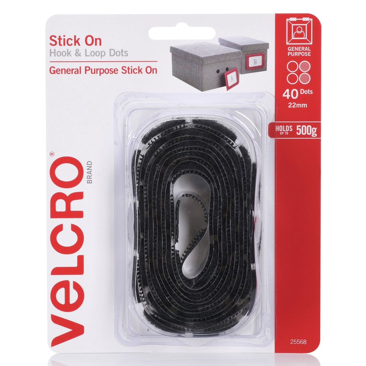 Velcro Brand Stick On Hook and Loop Dots 22mm Black Pack of 40