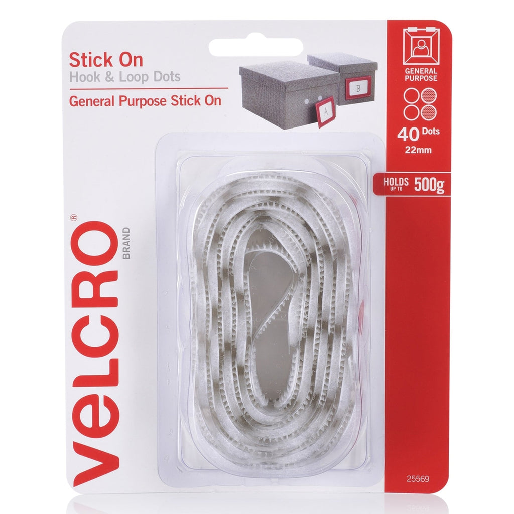 Velcro Brand Stick On Hook and Loop Dots 22mm White Pack of 40