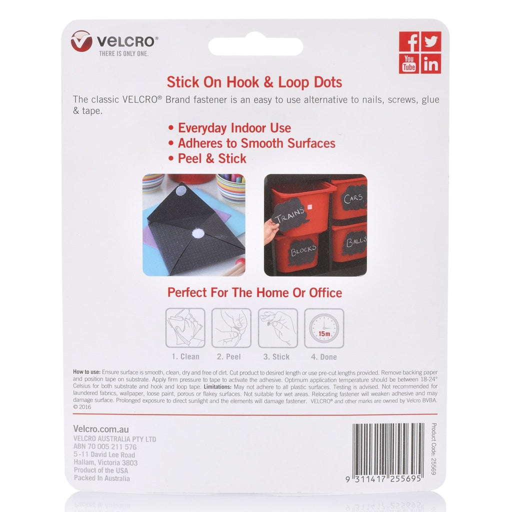 Velcro Brand Stick On Hook and Loop Dots 22mm White Pack of 40