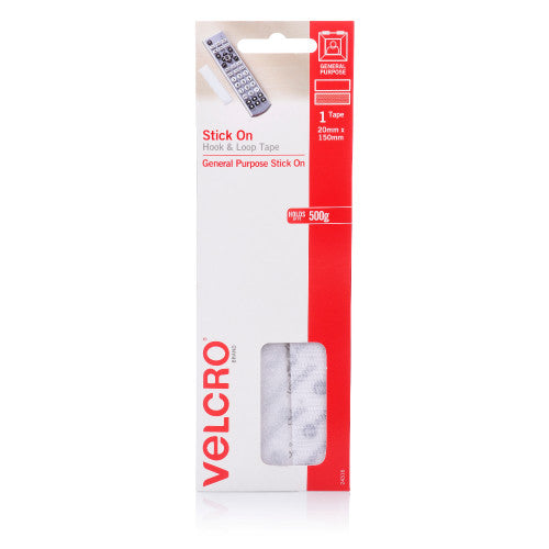 Velcro Brand Stick On Hook and Loop Tape 20mm x 150mm White