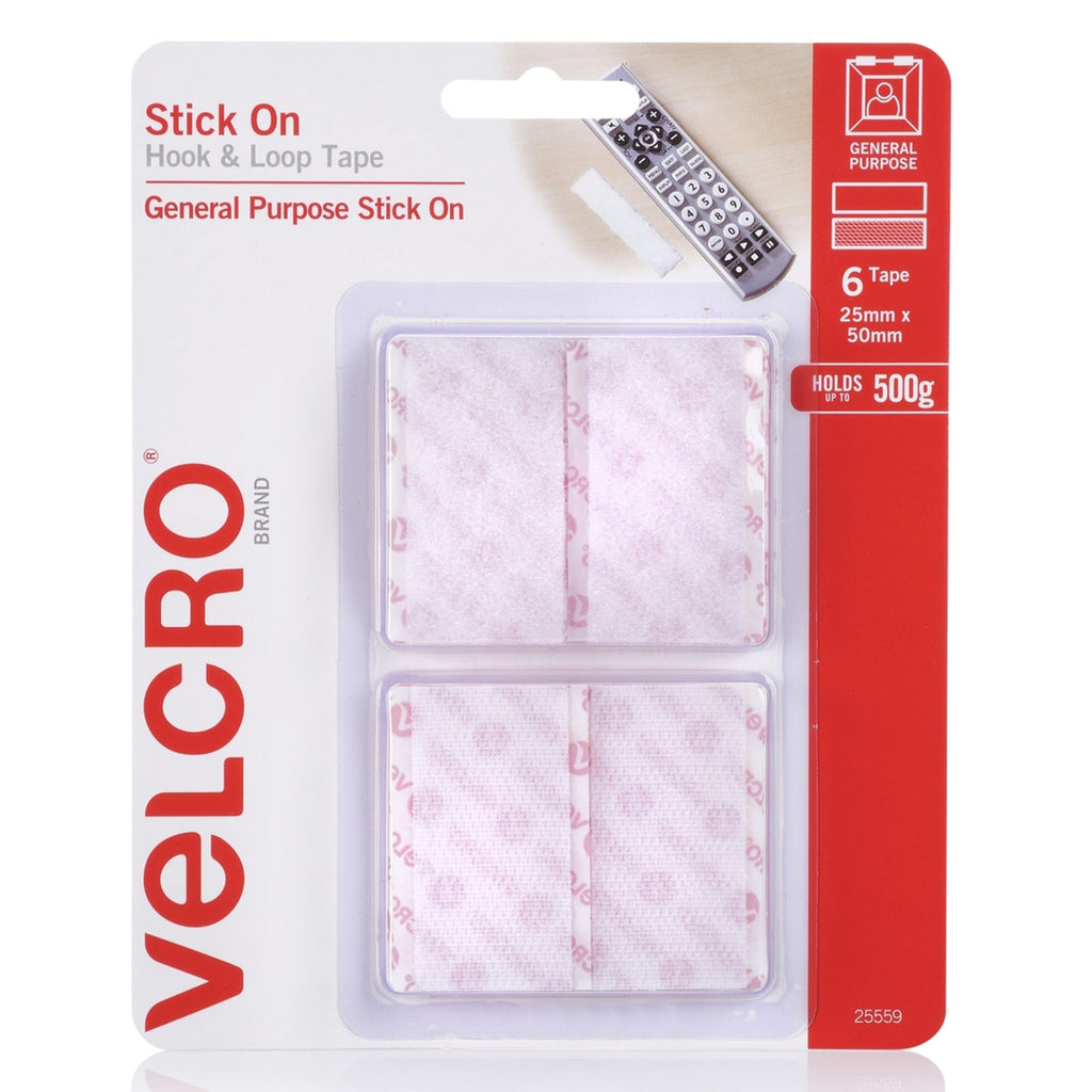 Velcro Brand Stick On Hook and Loop Tape 25 x 50mm White Pack of 6