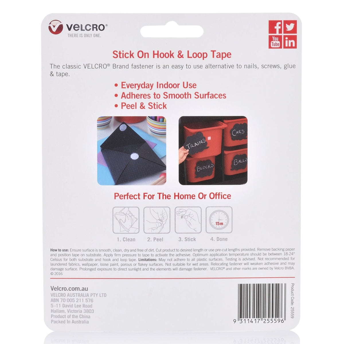 Velcro Brand Stick On Hook and Loop Tape 25 x 50mm White Pack of 6