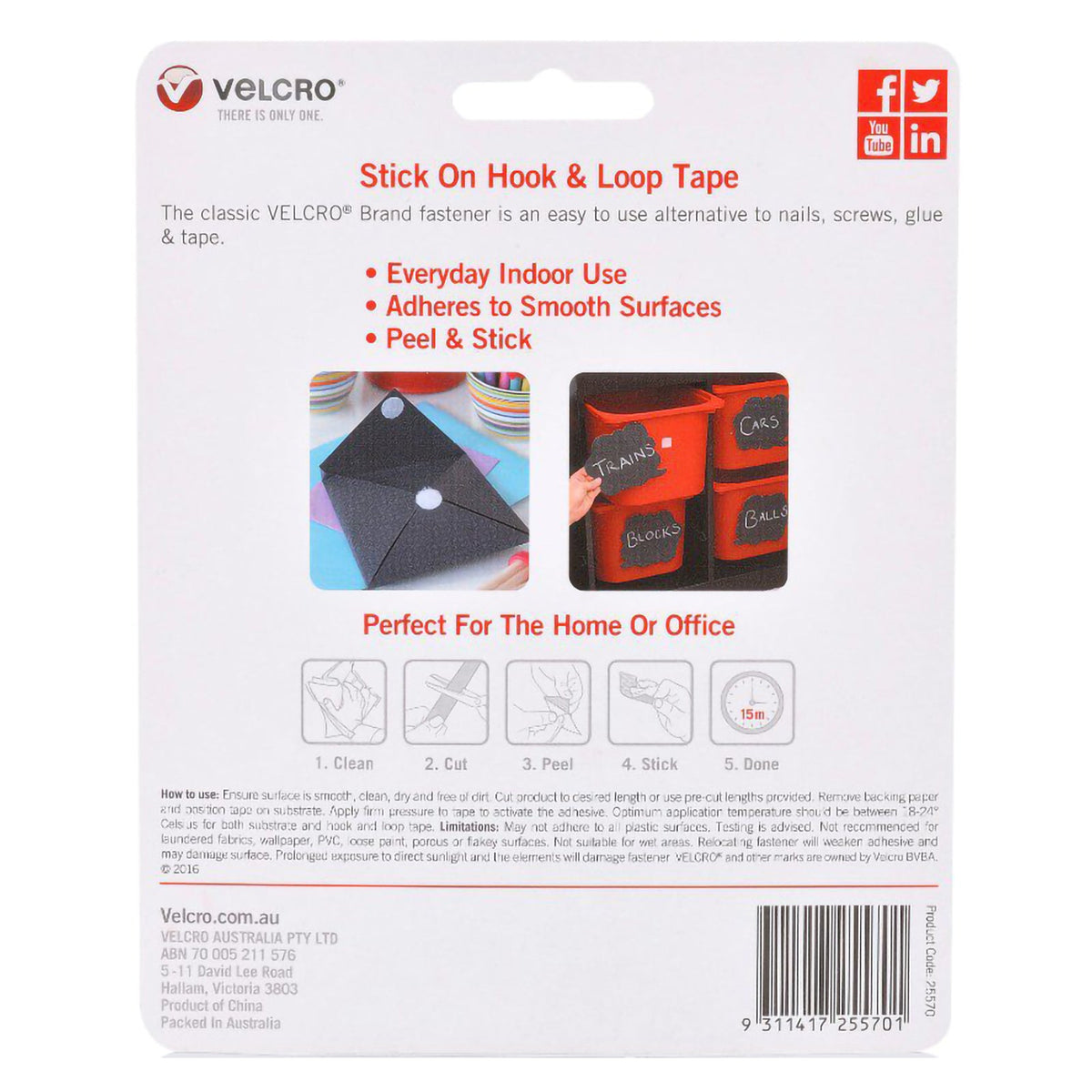 Velcro Brand Stick On Hook and Loop Tape 25mm x 1m Black