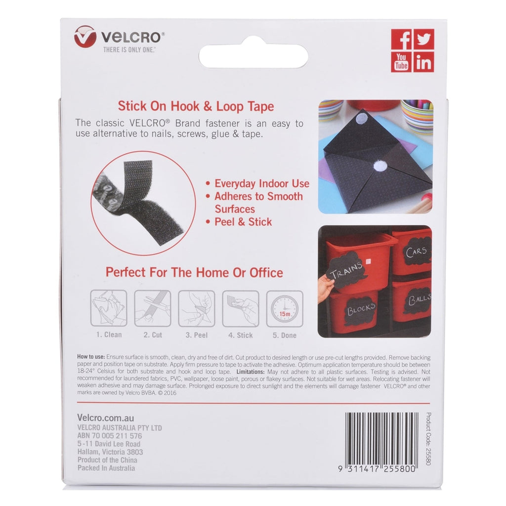 Velcro Brand Stick On Hook and Loop Tape 25mm x 2.5m Black