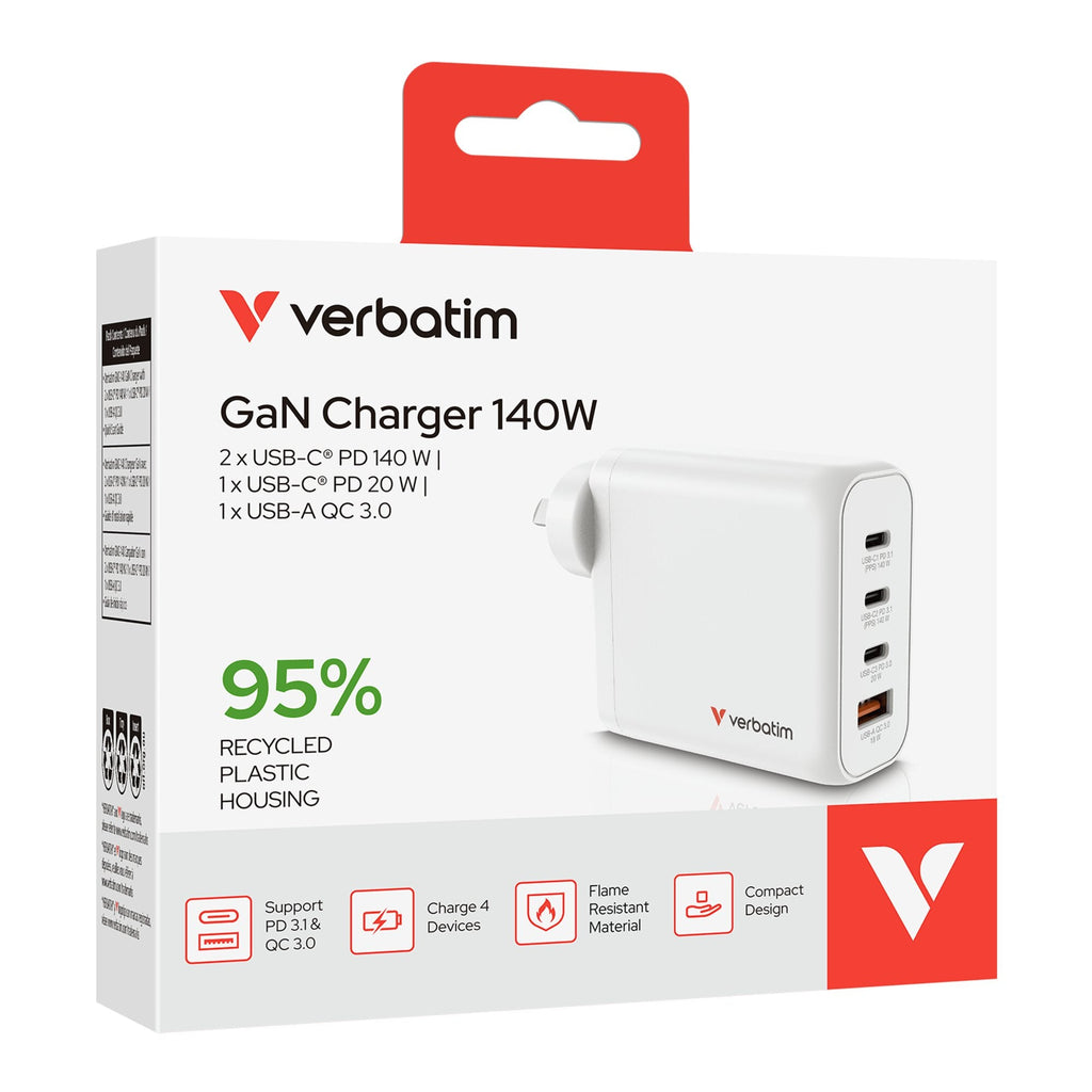 Verbatim GaN Wall Charger 4 Port 140W USB-A and USB-C