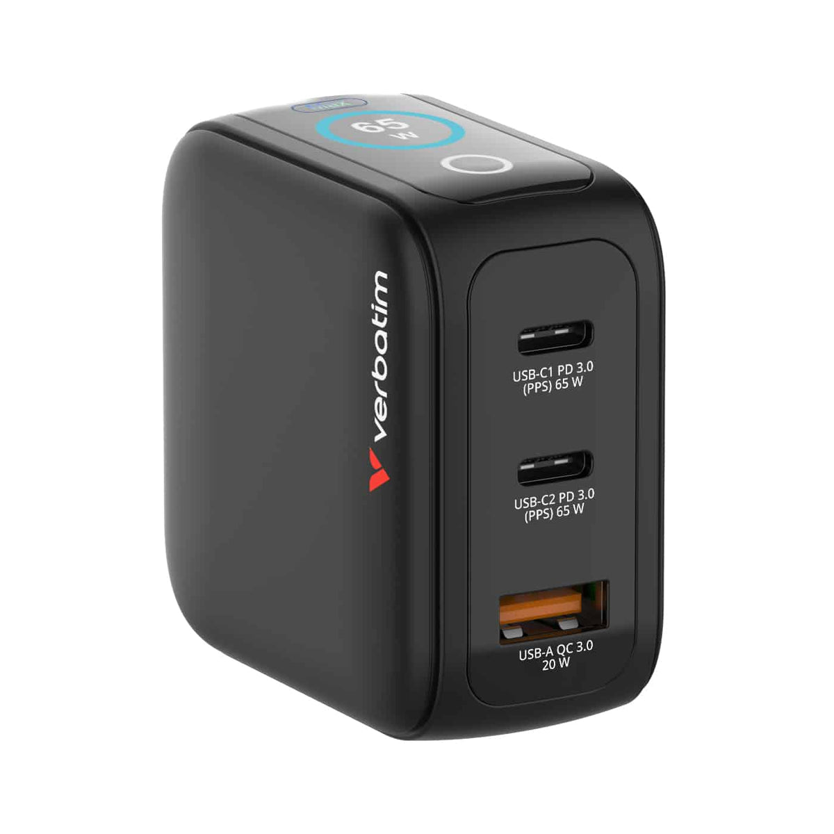 Verbatim Mini GaN Charger with Display 65W 3 Port USB-C and USB-A Black