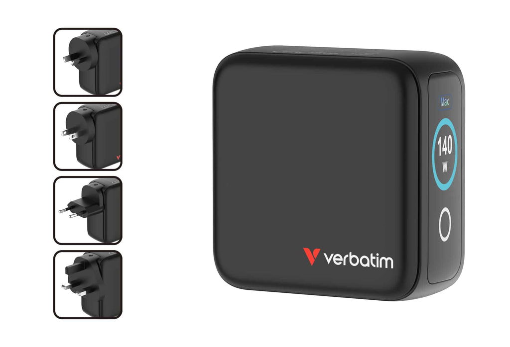 Verbatim Mini GaN Charger with Display 140W 4 Port USB-C and USB-A Black
