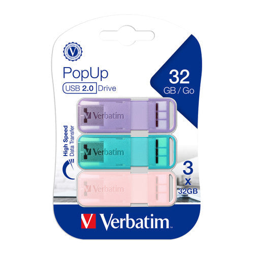 Verbatim Pop Up USB 2.0 Triple Pack 32GB Assorted Pastel Colours