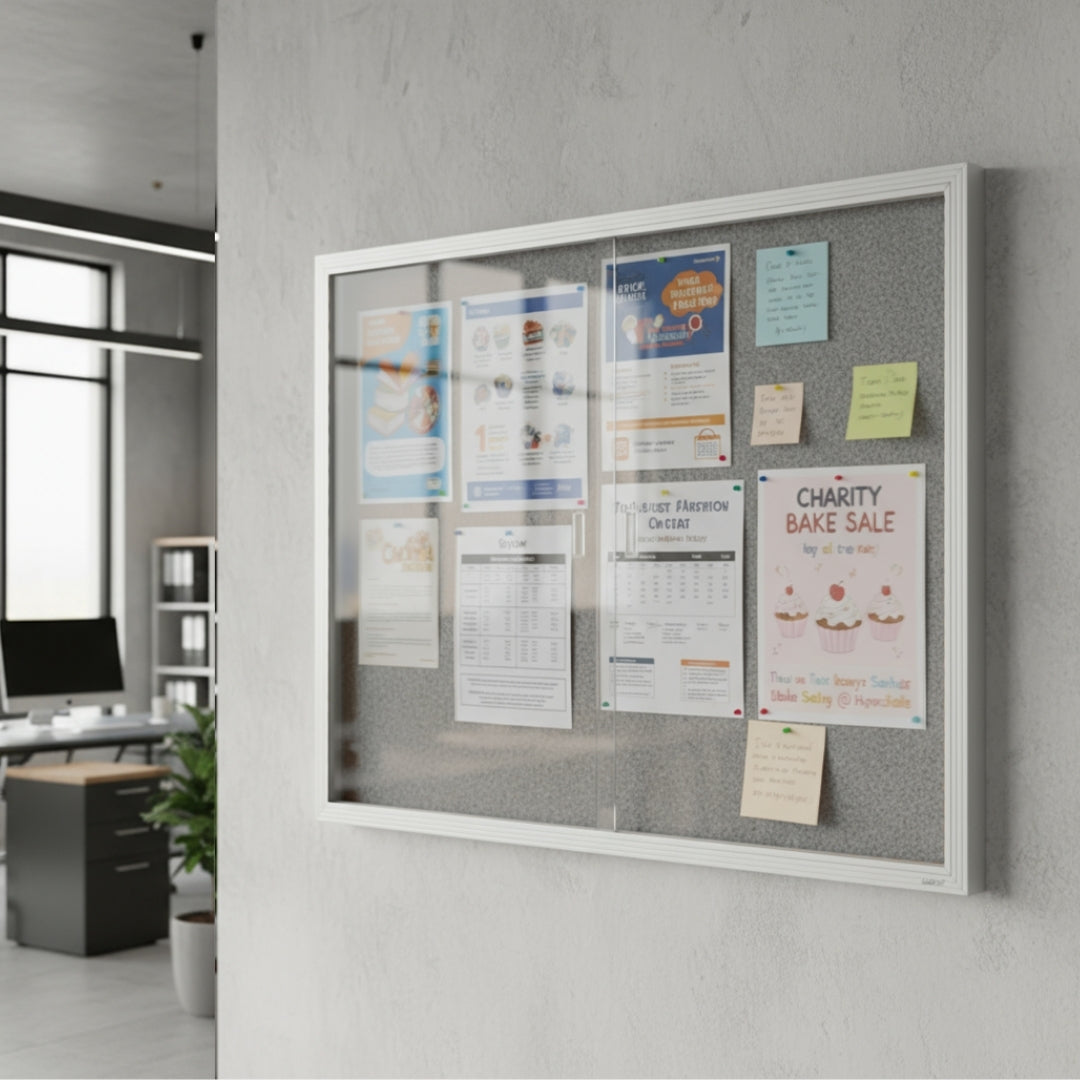 Visionchart BN-SGC-1290SL Be Noticed Sliding Door Notice Case Silver 2 Door Grey Fabric 1220 x 915mm