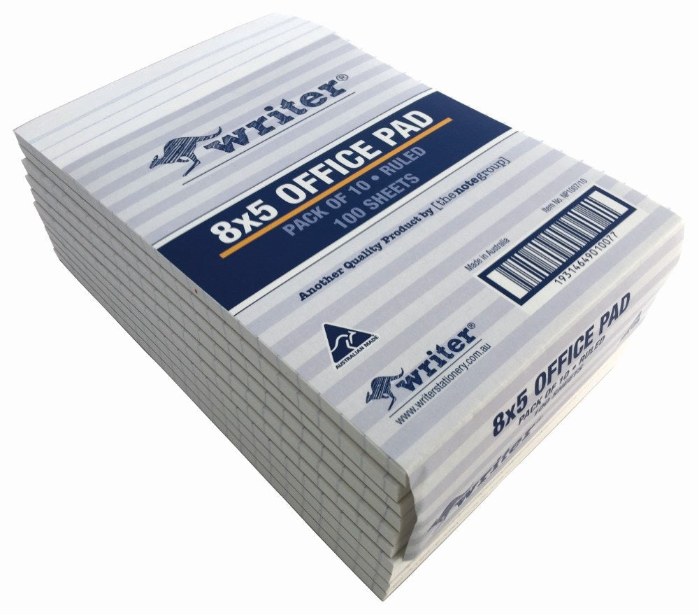 Writer Bank Office Pads Ruled 100 Sheet 8x5 200 x 125mm Pack of 10