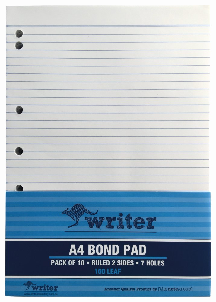 Writer Bond Office Pads A4 100 Leaf Ruled 7 Holes Pack 10