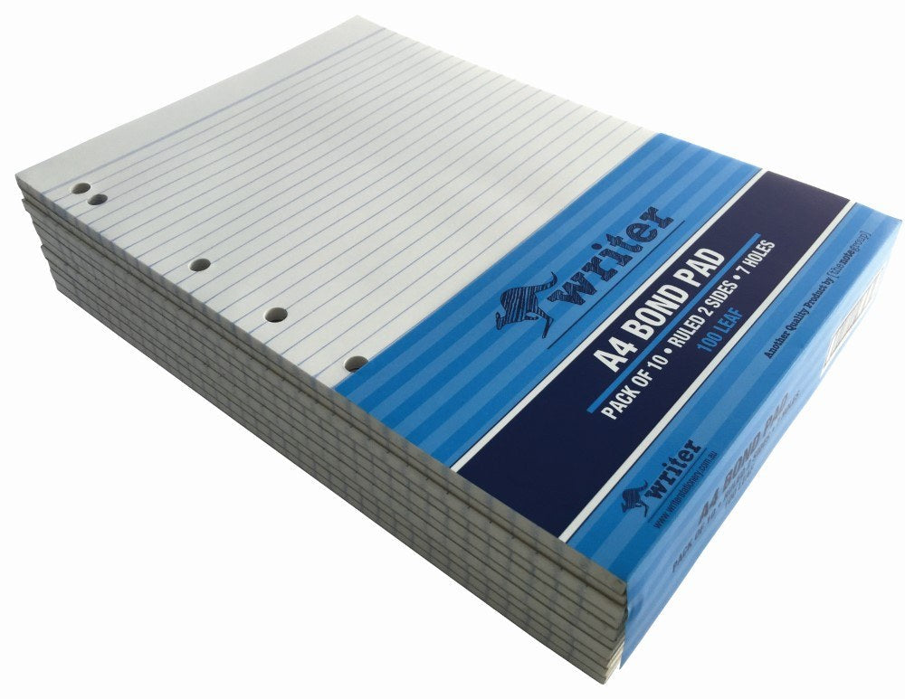 Writer Bond Office Pads A4 100 Leaf Ruled 7 Holes Pack 10