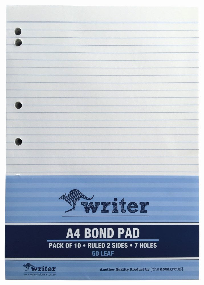 Writer Bond Office Pads A4 50 Leaf Ruled 7 Holes Pack 10