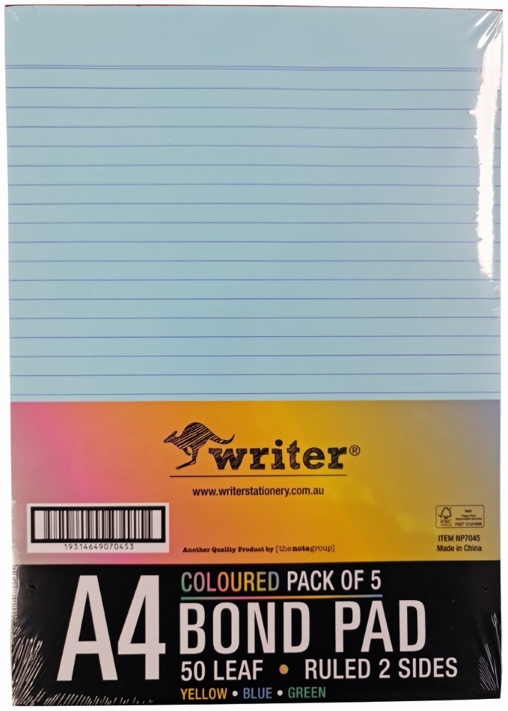 Writer Premium Bond Pad Ruled A4 297 x 210mm 50 Leaf Double Sided Mixed Colours Pack of 5