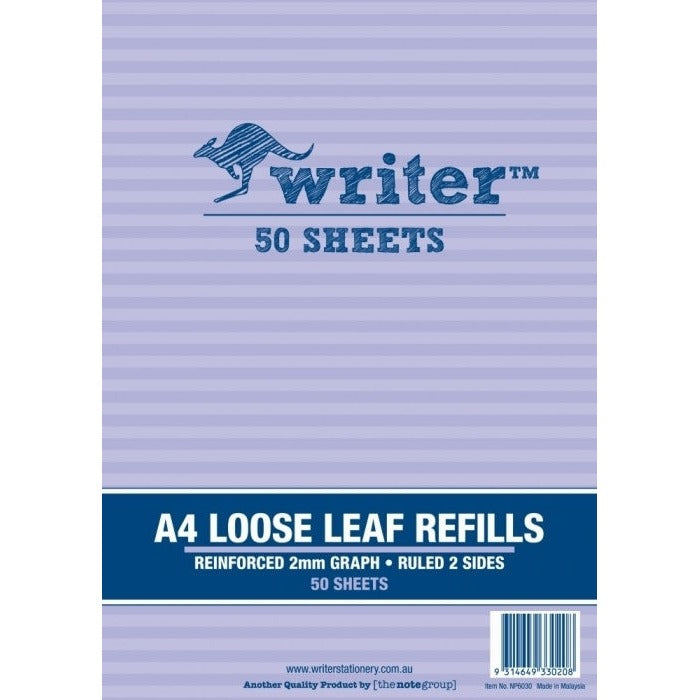 Writer A4 Reinforced Binder Refills 2mm Graph Ruled Pack of 50 Sheets