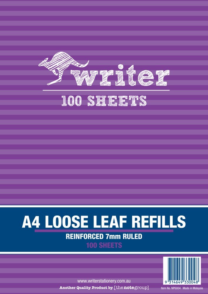 Writer A4 Reinforced Binder Refills 7mm Ruled Pack of 100 Sheets