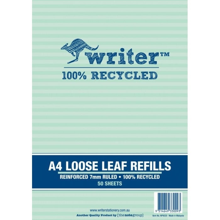 Writer A4 Reinforced Binder Refills 7mm Ruled Recycled 50 Leaf