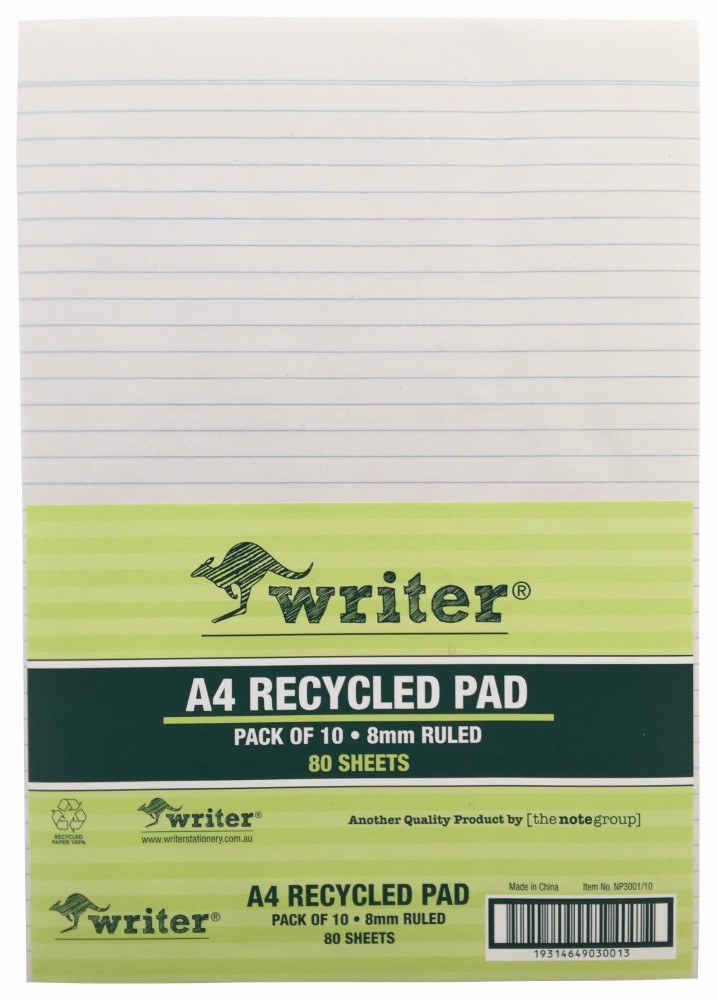 Writer Recycled Notepad Ruled 80 Sheet A4 294 x 208mm Pack of 10
