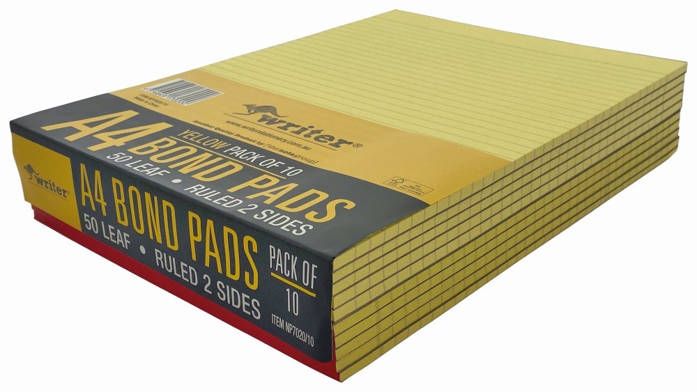 Writer Premium Bond Pad Ruled A4 Yellow 50 Leaf Double Sided Pack of 10