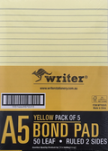 Writer Bond Pad Ruled Double Sided 50 Sheet A5 Yellow 205 x 150mm Pack of 5