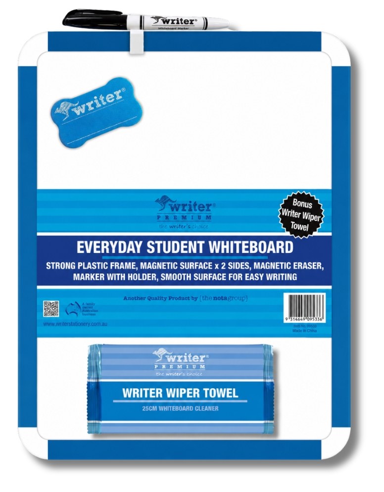 Writer Everyday Student Magnetic Whiteboard 360 x 280mm with Marker and Dog Bone Eraser Blue