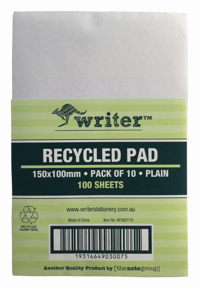 Writer Recycled Plain Notepad 6x4 100 Sheet 150x100mm Pack 10