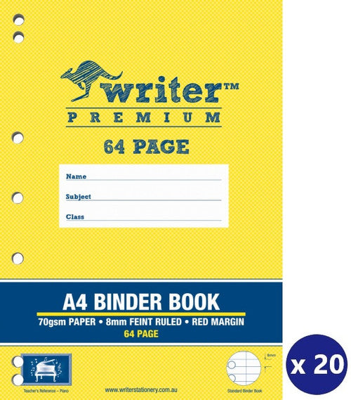 Writer Premium Binder Book A4 64 Page 8mm Ruled with Margin Piano