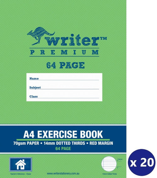 Writer Premium Exercise Book A4 64 Page 14mm Dotted Thirds with Margin