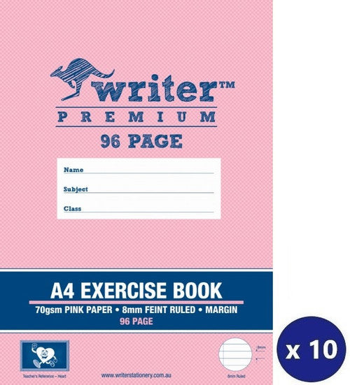 Writer Premium Exercise Book A4 96 Page 8mm Ruled with Margin Pink Heart Cover Pack of 10