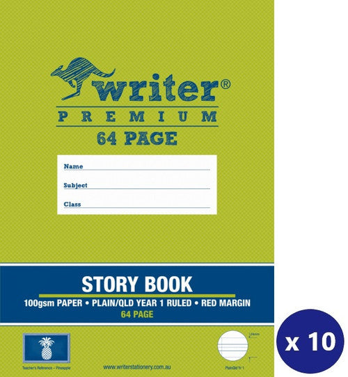 Writer Premium Story Book 330 x 240mm 64 Page Plain Plus QLD Year 1 Ruled with Margin Pineapple Pack of 10
