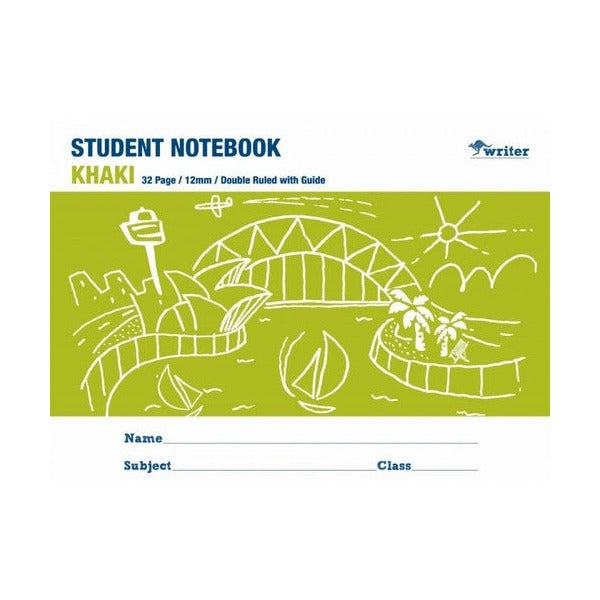 Writer Student Notebook 32 Page Double Ruled Guide 12mm Khaki