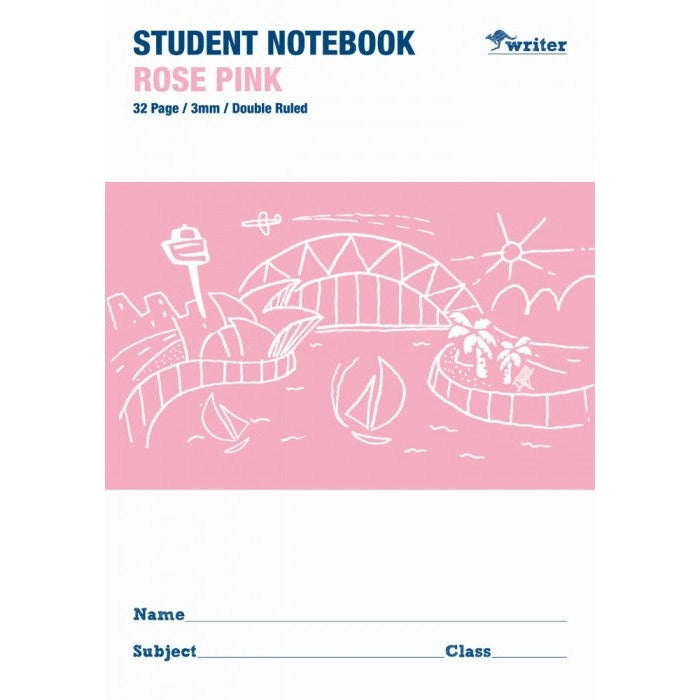 Writer Student Notebook 32 Page Double Ruled 3mm Rose Pink Pack of 20