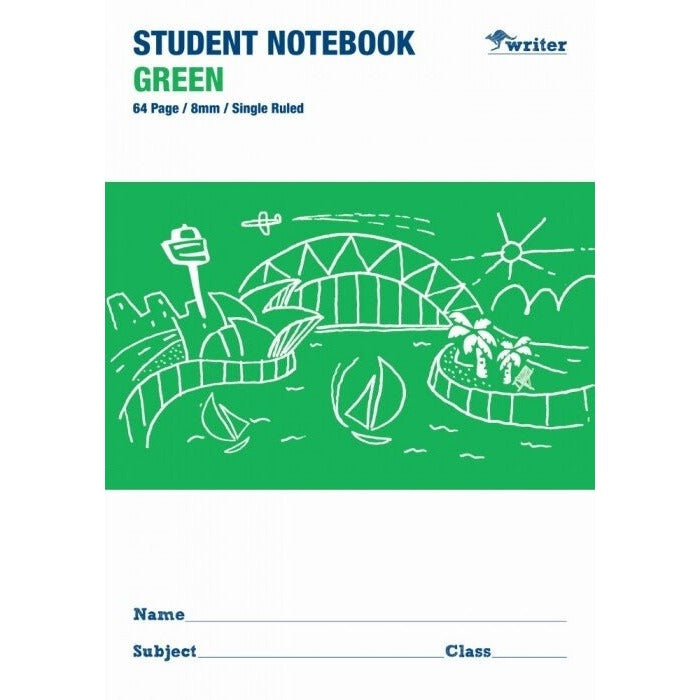 Writer Student Notebook 64 Page Single Ruled 8mm Green